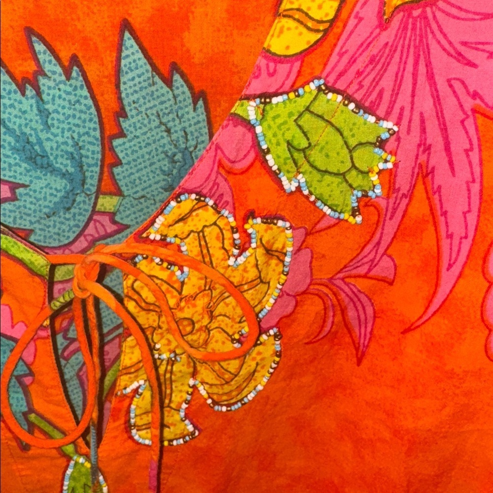Vibrant Orange Floral Women's Tunic Style Bohemian Colorful Top Ties in Front - Picture 5 of 5